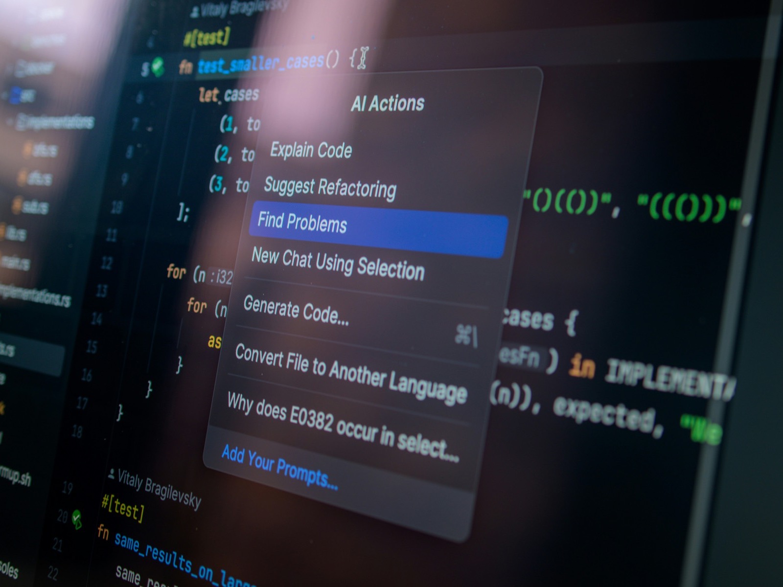 A code editor with an AI Actions menu open over the code