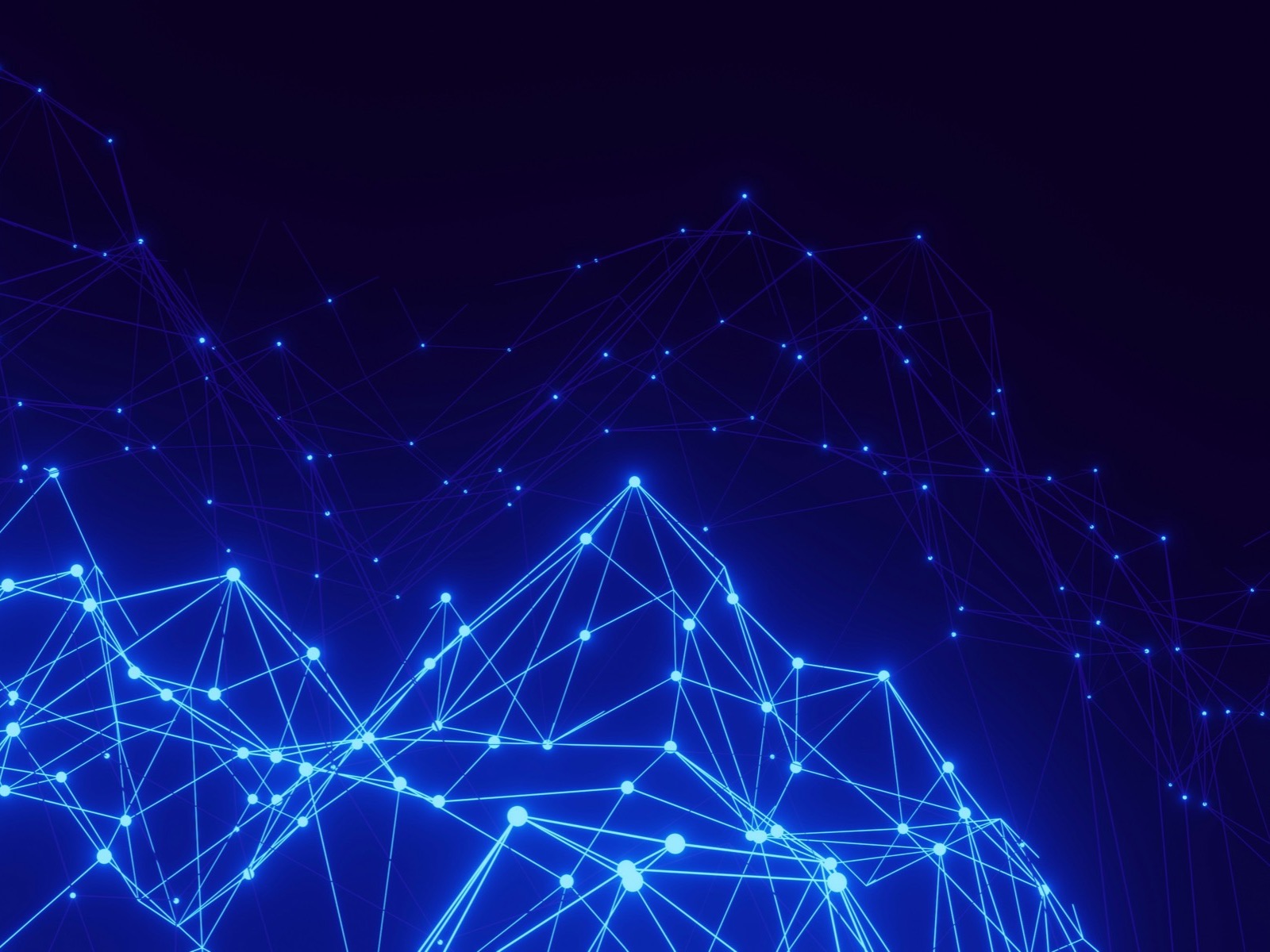 Close-up of a blue network of connected nodes on a dark background